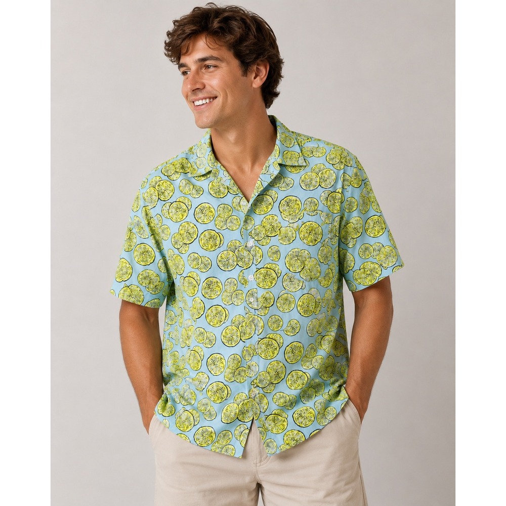 Dip Mens XL Blue Lemon Print Short Sleeve Button Down Shirt Fruit Pattern NEW
